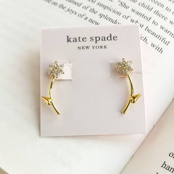 NEW KATE SPADE Myosotis Flower Gold Ear Jacket Earrings (Clear) AUTHENTIC